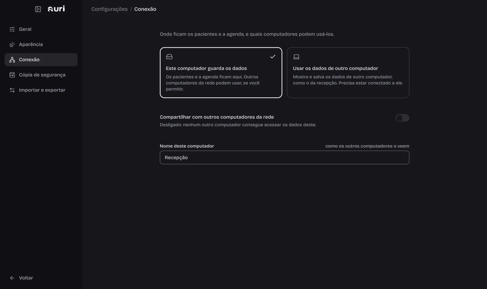 Tela do Auri: recepção e consultório, no tema escuro